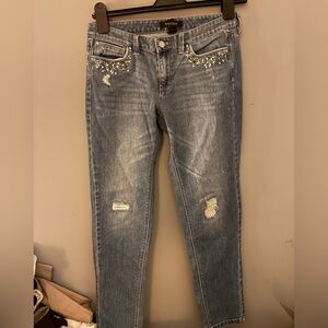 White House Black Market Distressed Blue Jeans with Embellishments